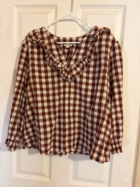 a.n.a Brown and Cream Gingham Ruffle V-Neck Peasant Blouse